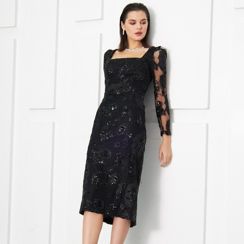 Novena ZF Long Sleeve Midi Tulle Column Regular Evening Dress zff1081